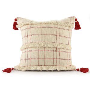 Red and White Plaid Woven Cotton Throw Pillow with Fringe, 20" x 20"